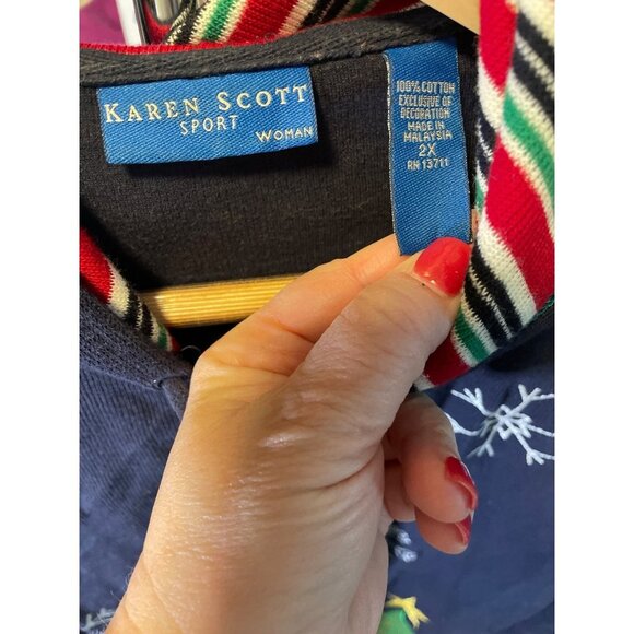Karen Scott Navy Blue Hooded Winter Holiday Decorated Full Zip Jacket Sz 2X - Picture 5 of 6